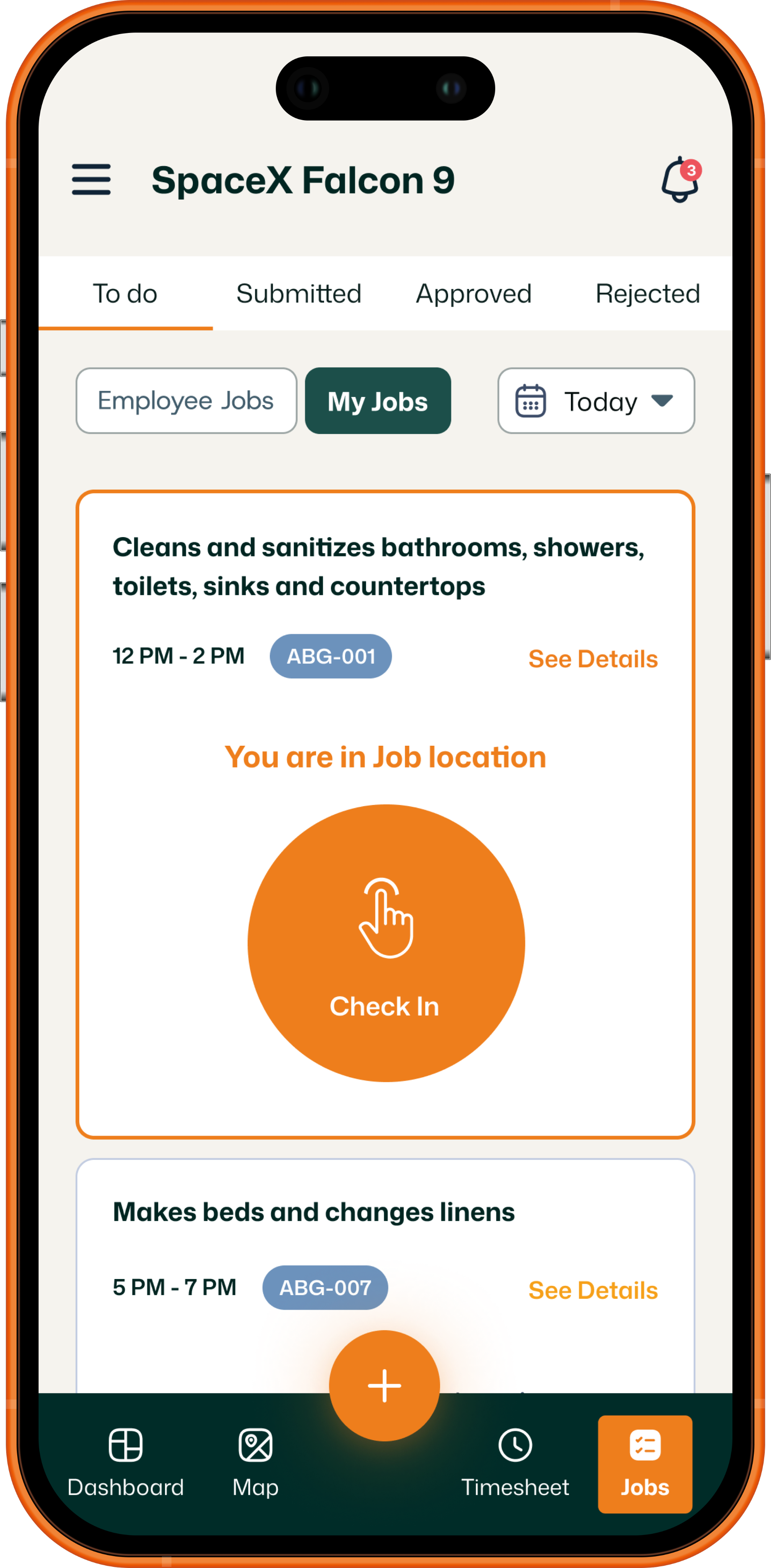 Jobs tab view inside FieldTask mobile app