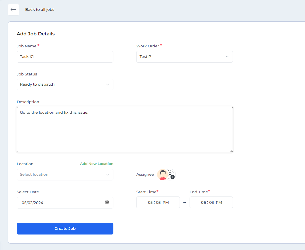 Form for creating job, by entering job details